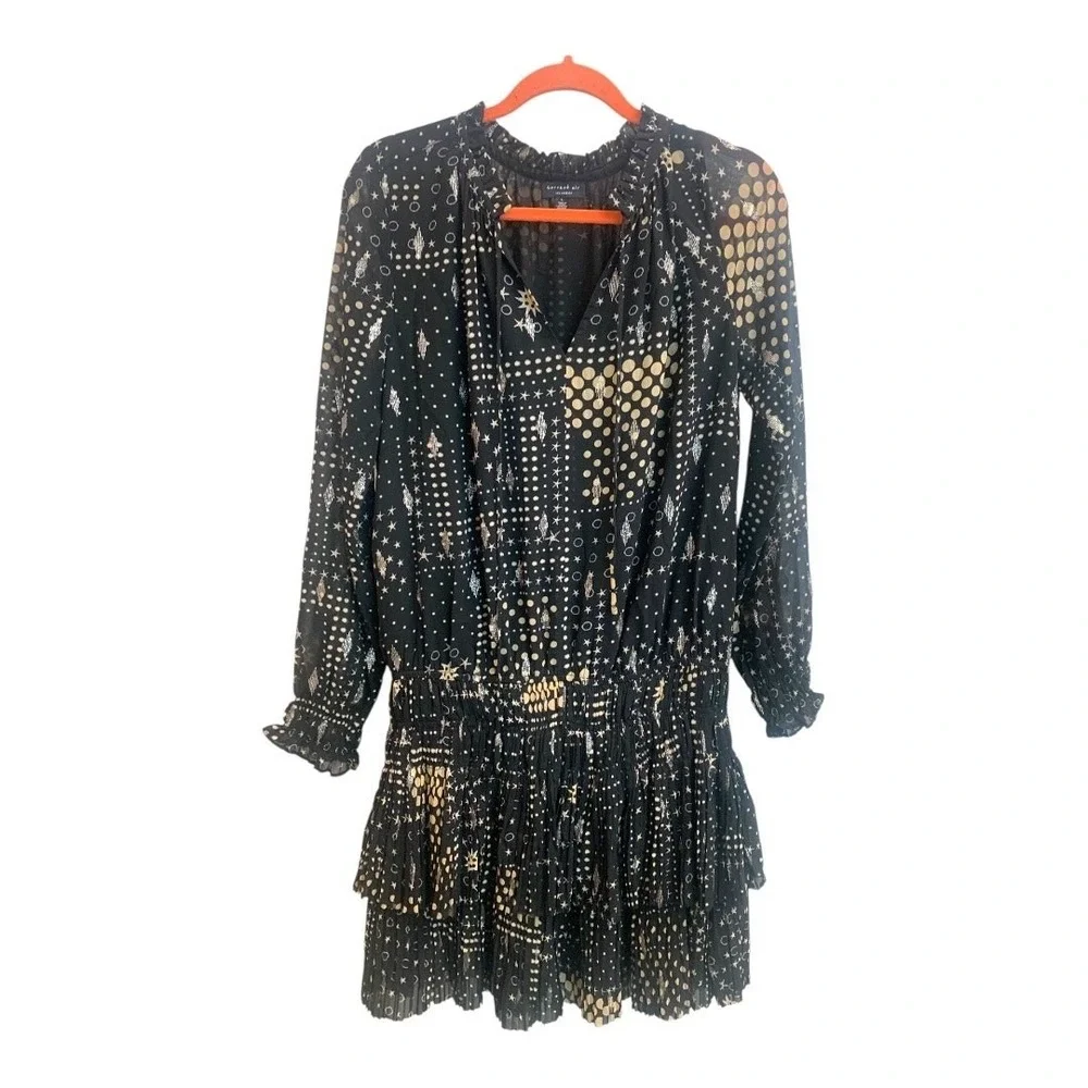 Current‎ Air Black Gold Silver Star  Smocked Metallic Mini Dress sz L